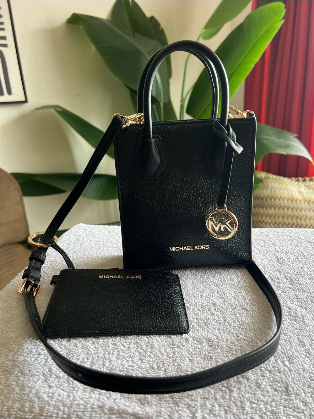 Michael Kors Black Leather Mini Crossbody Tote & Keyfob Wallet w Gold Hardware